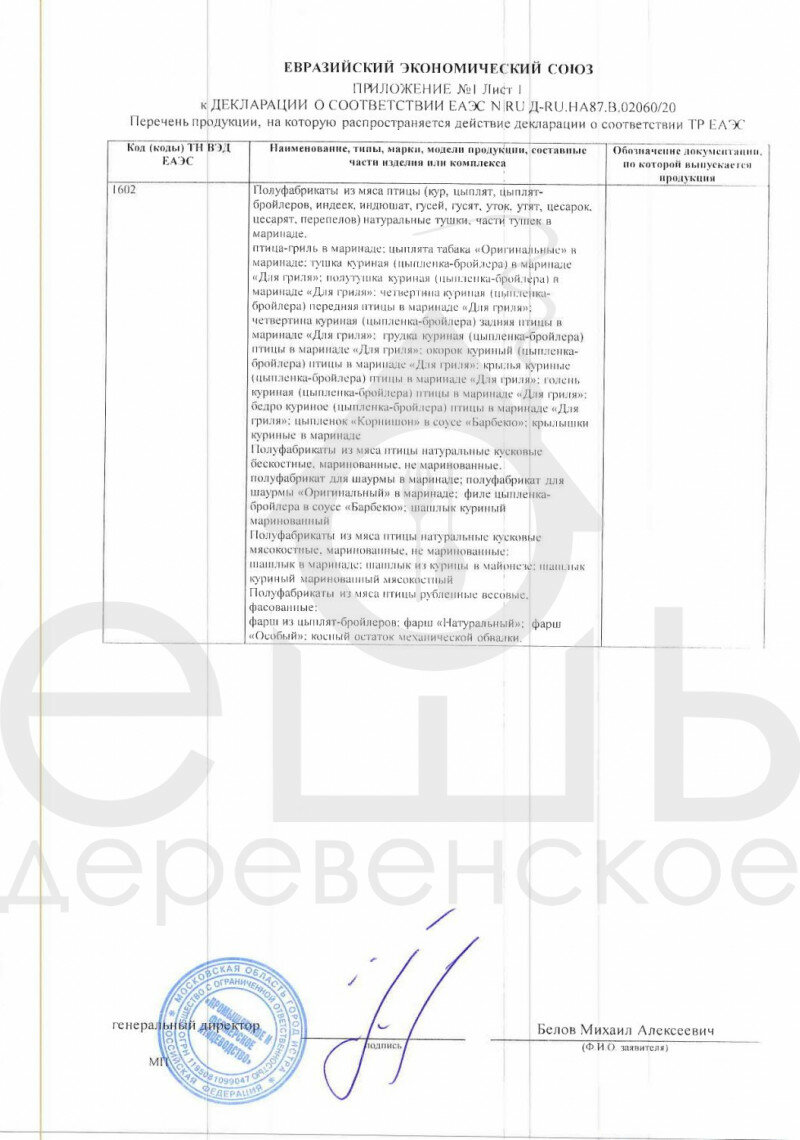 Приложение к декларации о соответствии